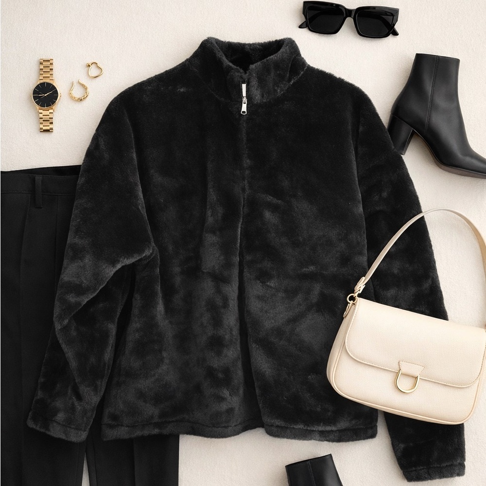 Quarter Zip‎ Black Faux Fur Jacket